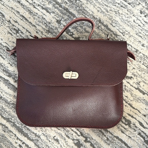 Italian Leather hand sewn Bordeaux burgundy bag crossbody attache top handle - Picture 14 of 16